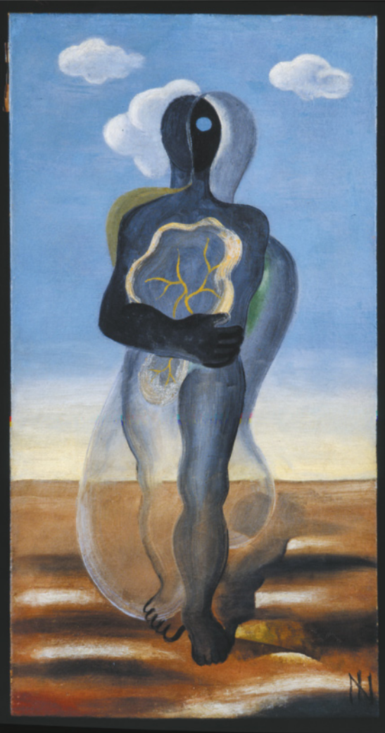 Pintura representando uma figura humana surrealista, com parte do corpo escura e a outra parte translúcida. A figura está em pé, andando em uma paisagem árida com nuvens no céu, e segura um objeto translúcido com forma de ameba, com linhas e ramificações semelhantes a veias ou nervos no interior do objeto. O corpo da figura parece ser uma fusão parcial de dois corpos distintos, e é possível ver somente um olho e um braço da figura.