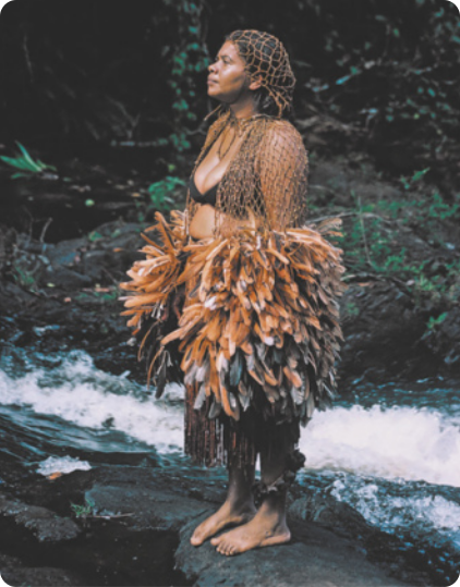 Fotografia de uma mulher indígena vestida com um manto de rendas com muitas penas de aves na região dos braços. Ela está em pé sobre uma pedra em um riacho, com a mata ao fundo.