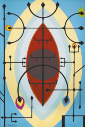 Pintura de elementos abstratos que remetem a hastes de metal e tridentes, dispostos sobre formas elípticas e circulares ao fundo que se assemelham a um olho.