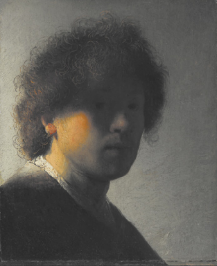 Pintura com autorretrato do pintor Rembrandt van Rijn. Ele é representado como um homem jovem, com cabelos cacheados, usando um casaco. A pintura é predominantemente escura, e o rosto dele está sombreado. A luz na pintura incide somente sobre a lateral do rosto dele, iluminando parte da orelha, da bochecha e do cabelo do pintor.