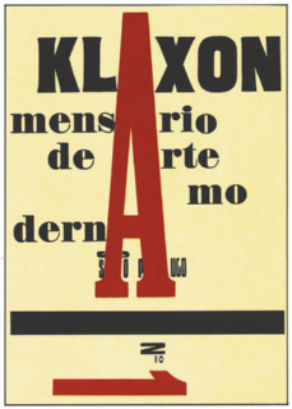 Capa de revista com o título 'KLAXON: mensário de arte moderna. Número 1' escrito de modo que a letra 'A' ocupa grande parte da capa, integrando todas as palavras da capa. O algarismo '1' está deitado na vertical, na parte inferior da capa.