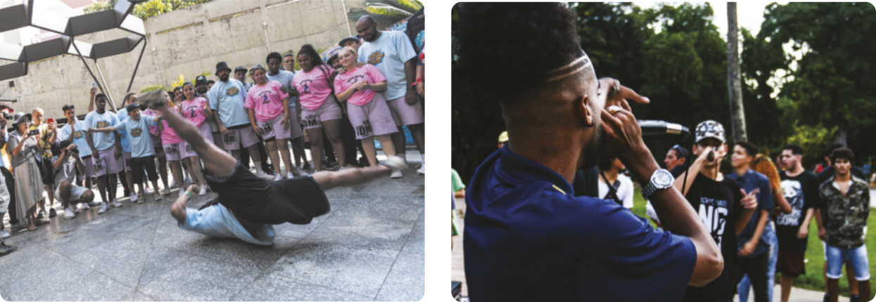 Há duas fotografias. À esquerda, um homem está dançando breaking no chão de uma praça, executando um movimento de giro, deitado de costas com as pernas estendidas e afastadas no ar. Em volta dele há um grupo de jovens uniformizados assistindo. À direita, dois homens estão em pé frente a frente em uma batalha de rap, com microfones na mão. Há um grupo de jovens ao fundo, assistindo à batalha, que ocorre em um espaço aberto e arborizado.