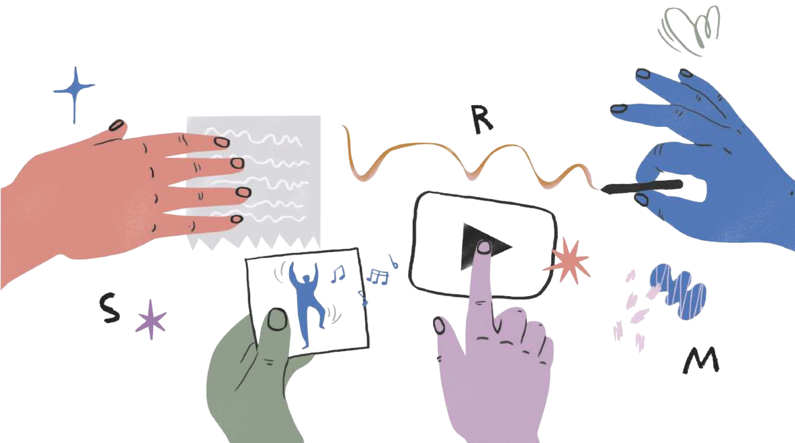 Ilustração de mãos desenhando, segurando papéis com figuras, e clicando em um botão de reprodução de vídeo.