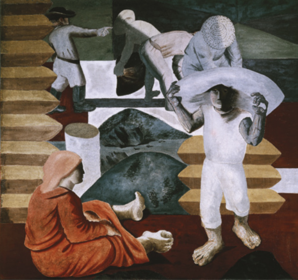 Pintura representando homens com corpos robustos, descalços, de chapéu de palha, carregando sacos de café sob as ordens de um homem de botas e chapéu ao fundo. Um deles está carregando um saco sobre a cabeça, e ao lado dele está uma mulher descalça, sentada no chão, com um lenço na cabeça e um vestido. Em meio aos trabalhadores há sacos de café empilhados e montes de grãos de café no chão.