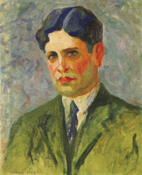 Pintura representando Oswald de Andrade como um homem de cabelos curtos, com a barba feita, usando terno e gravata. A pintura é feita com cores vivas e pinceladas soltas e dinâmicas, transmitindo a sensação de movimento e vibração.