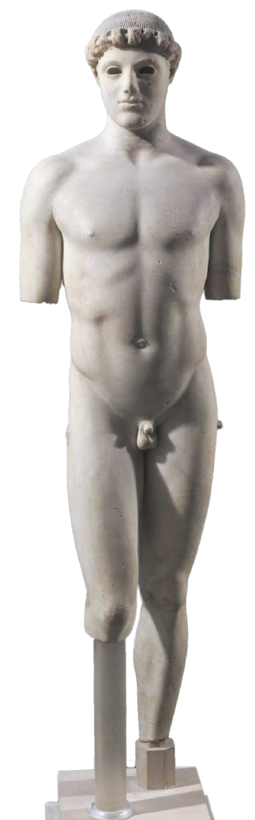 Fotografia de escultura representando um homem nu em pé com porte atlético e cabelos cacheados, usando uma espécie de touca. Na escultura estão faltando os antebraços e partes das pernas do corpo do homem representado.