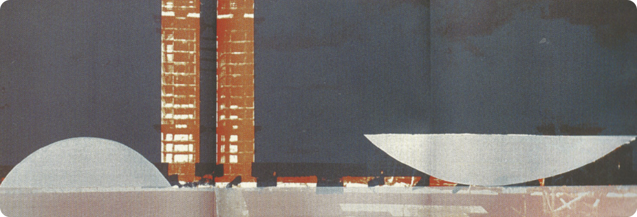 Fotografia de um edifício em construção com duas torres centrais e cúpulas semelhantes a cumbucas, à esquerda e à direita das torres, uma delas voltada para cima e a outra voltada para baixo. A fotografia tem uma pós-produção que aplica cores à fotografia, de modo que ela se assemelha a uma colagem.