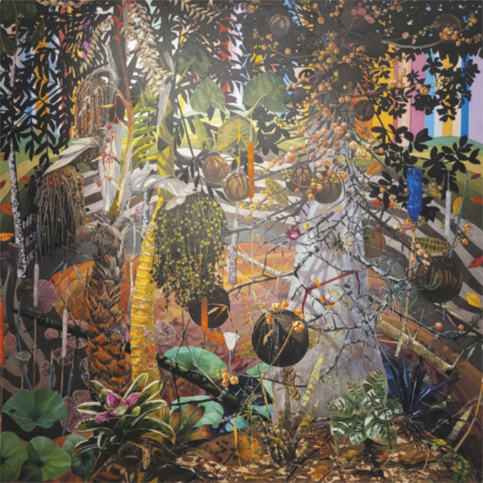 Pintura representando diversas árvores, plantas e alguns objetos industrializados sobre um fundo de faixas de cores horizontais e verticais.