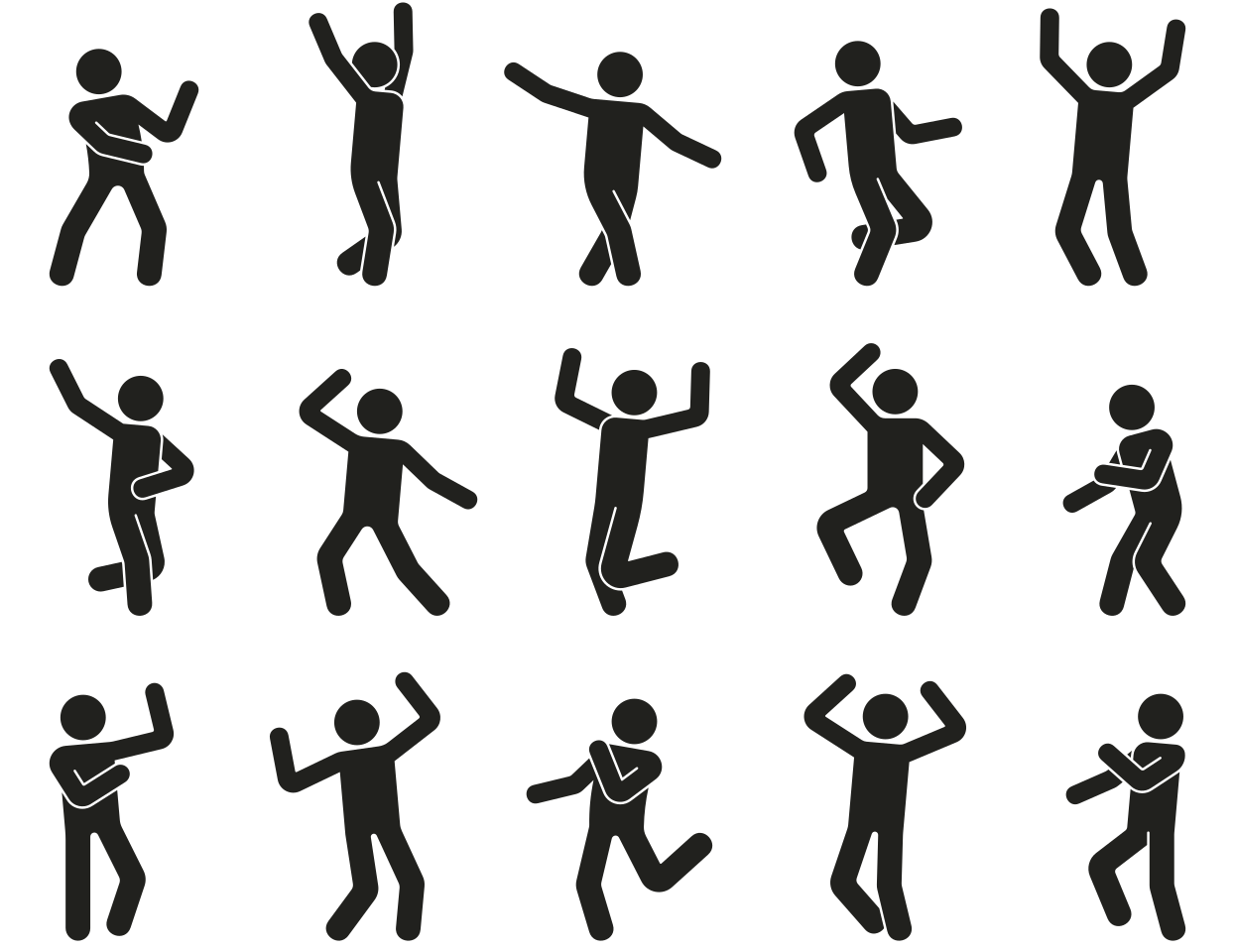 Conjunto de 15 ilustrações de figuras humanas dançando, cada uma delas com uma posição corporal. As posições são as seguintes da esquerda para a direita e de cima para baixo: 1. A figura está com as pernas paralelas e flexionadas, com os braços flexionados em frente ao corpo; 2. A figura está caminhando para a frente, com os braços erguidos acima da cabeça; 3. A figura está caminhando com os braços abertos; 4. A figura está com as pernas flexionadas, apoiada em um dos pés, com os braços ao lado do corpo, um para a frente e o outro para trás; 5. A figura está em pé com as pernas levemente flexionadas, com os braços erguidos acima da cabeça; 6. A figura está caminhando, apoiada em um dos pés, com um dos braços em frente à barriga, e o outro braço erguido ao lado da cabeça; 7. A figura está com as pernas paralelas e flexionadas, com um dos braços erguido acima da cabeça e o outro braço ao lado do corpo; 8. A figura está com os braços erguidos para o alto, com um dos pés erguidos para trás; 9. A figura está com uma das pernas flexionadas, erguendo o joelho, com uma das mãos na cintura e a outra mão acima da cabeça; 10. A figura está com as pernas flexionadas, com os braços à frente do tronco; 11. A figura está com uma das pernas flexionada, com um braço flexionados em frente ao corpo, e o outro braço erguido para o alto; 12. A figura está com as pernas afastadas e levemente flexionadas, com os braços erguidos ao lado da cabeça; 13. A figura está com as pernas flexionadas, apoiada em um dos pés, com um dos pés erguidos para trás, e um braço à frente do peito e o outro braço ao lado do corpo; 14. A figura está com as pernas unidas e flexionadas, com os braços acima da cabeça; 15. A figura está com erguendo um dos joelhos, com os braços à frente do peito, um deles flexionado à altura do ombro.