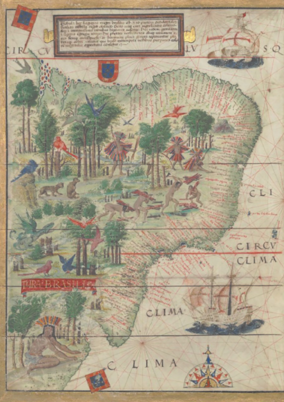 Mapa do Brasil com uma caixa de texto no topo e legendas identificando os nomes das regiões costeiras do país. O interior do Brasil é representado com ilustrações de floresta onde habitam animais diversos e indígenas trabalhando. No oceano há ilustrações de caravelas com o símbolo de uma cruz vermelha estampados nas velas; e na parte inferior do mapa há uma rosa dos ventos.