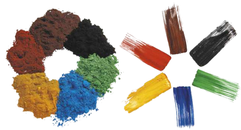 Fotografia de dois círculos cromáticos lado a lado, com uma escala cromática de seis pigmentos com as cores vermelha, marrom, preta, verde, azul e amarela, dispostas nessa ordem em sentido horário. O círculo da esquerda é feito com pequenos montes de pigmentos, e o círculo da direita é feito com pinceladas de tintas com as mesmas cores dos pigmentos do primeiro círculo.