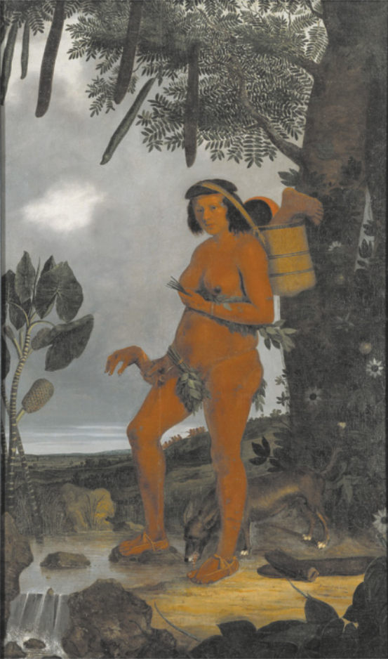 Pintura representando uma mulher indígena em pé em uma paisagem com um riacho e uma árvore ao fundo, além de um grupo de pessoas caminhando em um morro ao longe. A mulher está nua, de sandálias, e carrega uma cesta de palha nas costas, contendo objetos e partes de uma perna humana. Ela segura um antebraço humano em uma das mãos, e carrega um ramo de folhas na outra. Ao lado dela há um cão bebendo água no riacho.