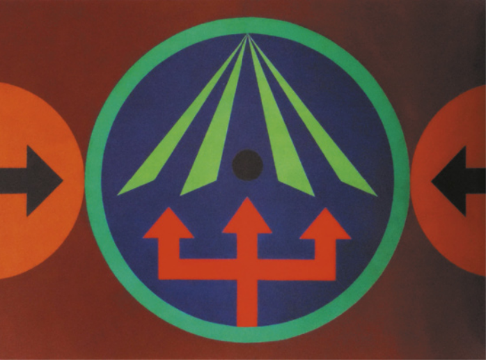 Pintura com formas geométricas coloridas dentro de círculos. Há setas e uma espécie de tridente com pontas de seta em um círculo central, além de outras formas abstratas.