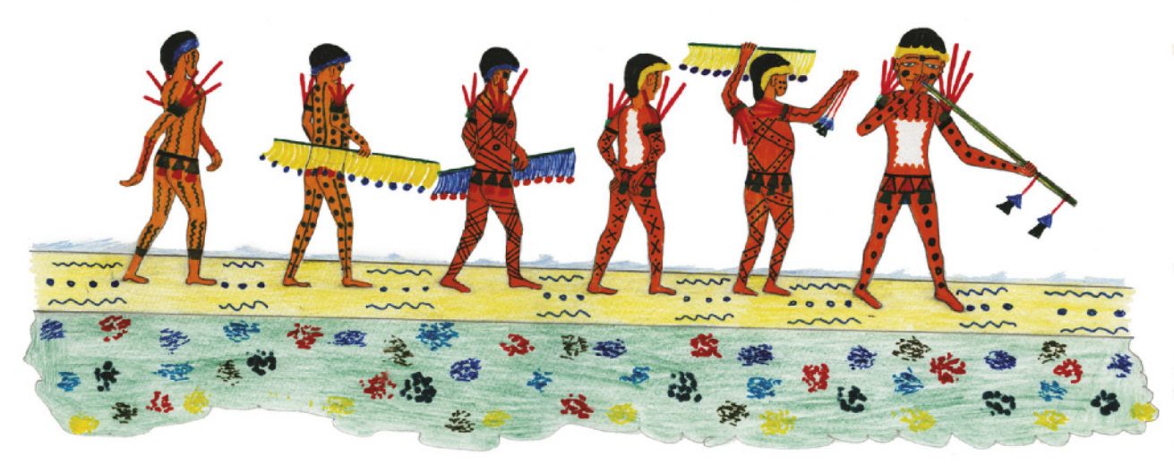 Pintura representando um grupo de homens indígenas caminhando em fila, usando adornos e adereços diversos, atém de pinturas corporais. Eles carregam objetos ritualísticos coloridos, e um dos homens, à frente na fila, toca uma flauta longa e fina.
