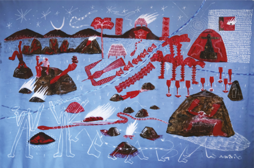 Pintura representando personagens indígenas com mãos e pés grandes, sentados e de ponta-cabeça, sobre pedras, em uma paisagem noturna com montanhas ao fundo e uma fogueira. Em meio à paisagem, há diversos seres e figuras do universo mítico indígena como serpentes e aves, além de coqueiros e objetos cerimoniais decorados com grafismos indígenas.