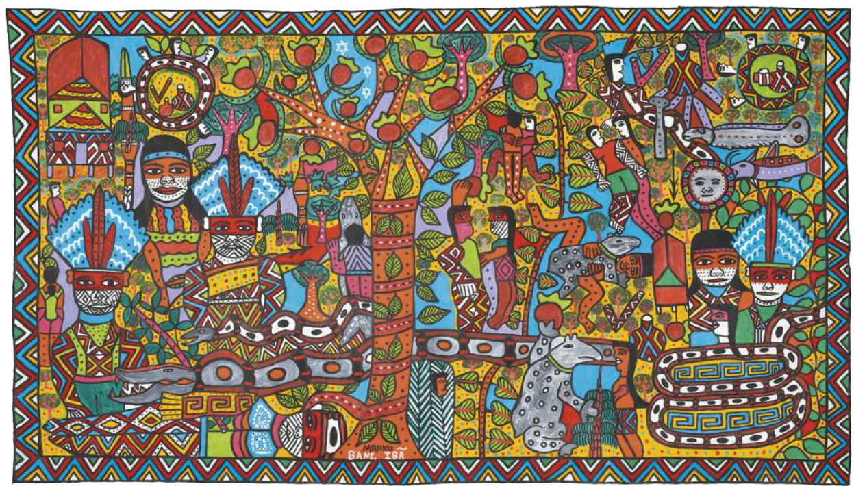 Pintura representando diversas figuras de indígenas com os corpos pintados e adereços diversos, além de outras criaturas míticas indígenas e animais. Eles ocupam um plano de representação colorido com muitos grafismos geométricos e abstratos, além de figuras de árvores, casas e plantas.