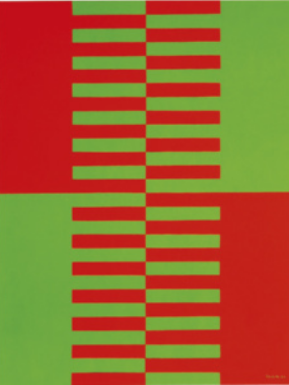 Gravura com uma composição abstrata de formas retangulares, com faixas paralelas que se alternam entre as cores verde e vermelha, sobre fundos que também alternam as duas cores em quatro quadrantes retangulares. A composição cria um efeito óptico que confere dinâmica e vibração às formas e cores da gravura.