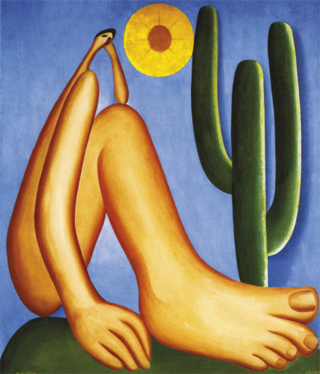 Pintura representando uma figura humana nua, sentada no chão, com um dos cotovelos apoiado sobre o joelho, e o rosto apoiado na mão. O pé e a outra mão da figura, que estão apoiados no chão, são desproporcionalmente grandes em relação à cabeça dela. Ao fundo, há um cacto e o sol sobre um céu azul.
