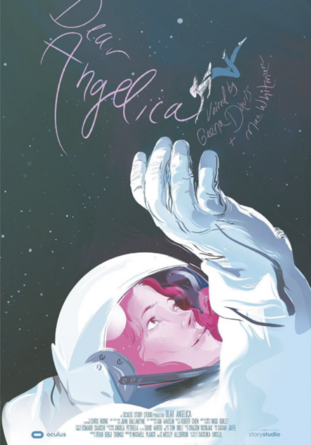 Cartaz de filme de animação com ilustração de uma astronauta no espaço com a mão em direção à figura de uma pequena mulher, que está flutuando no espaço, sem trajes de astronauta.