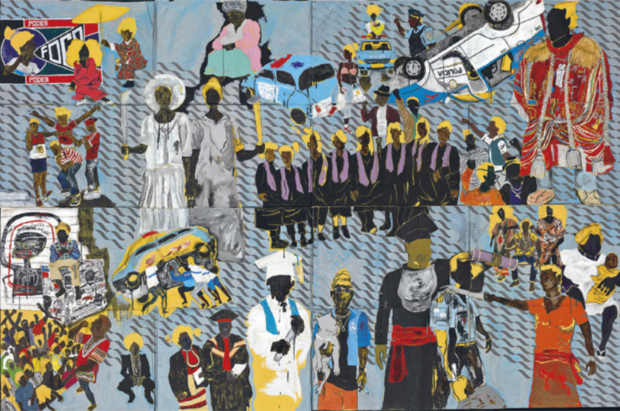 Pintura representando um conjunto de diversas pessoas negras sem rosto dispostas no espaço pictórico. Elas estão exercendo diferentes papéis e realizando diversas atividades: recebendo diplomas em uma formatura, atacando carros de polícia, dançando, assistindo a um show, entre outras.