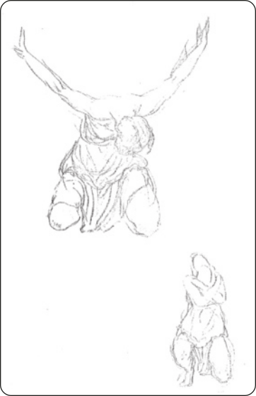 Desenhos de uma mulher em duas posições. Na primeira, acima, ela está ajoelhada, olhando para baixo, com o tronco curvado para a frente e os braços estendidos para trás, em direção ao alto; na segunda posição, na parte inferior da imagem, a mulher está ajoelhada sobre uma perna, com o tronco ereto, jogando a cabeça para trás, olhando para cima.