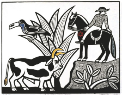 Gravura representando uma planta em que está pousado um tucano, com um touro ao lado da planta. No lado oposto, há um homem de chapéu montado sobre um cavalo em uma rocha.