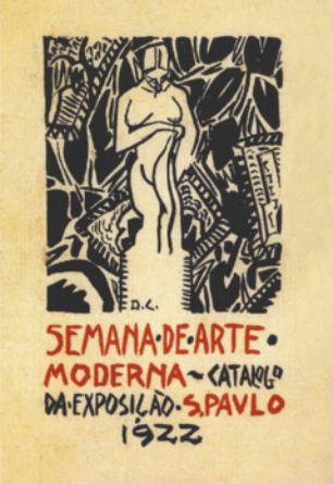 Capa de catálogo com gravura em preto e branco representando uma figura feminina nua em um pedestal, com formas abstratas e folhas ao fundo.