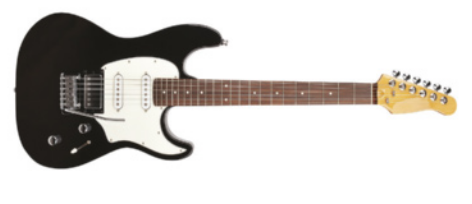 Fotografia de uma guitarra elétrica: uma espécie de violão com seis cordas sem o orifício na caixa acústica característico dos violões, no lugar do qual há captadores magnéticos. No corpo da guitarra elétrica há botões e controladores de volume.