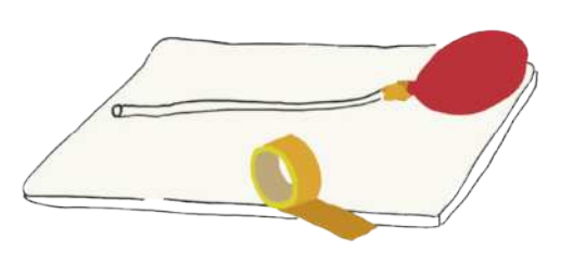 Ilustração de uma mangueira amarrada ao bico de uma bexiga, com um rolo de fita crepe ao lado.