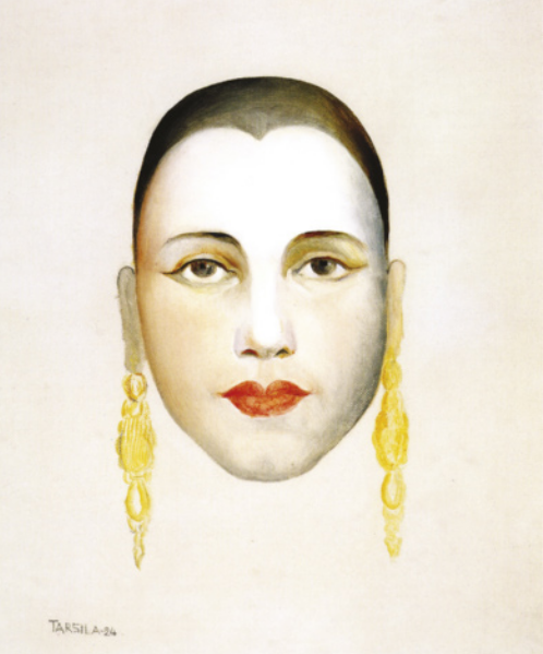 Pintura representando o rosto de Tarsila de Amaral como uma mulher com os cabelos amarrados, usando maquiagem, batom e brincos dourados.