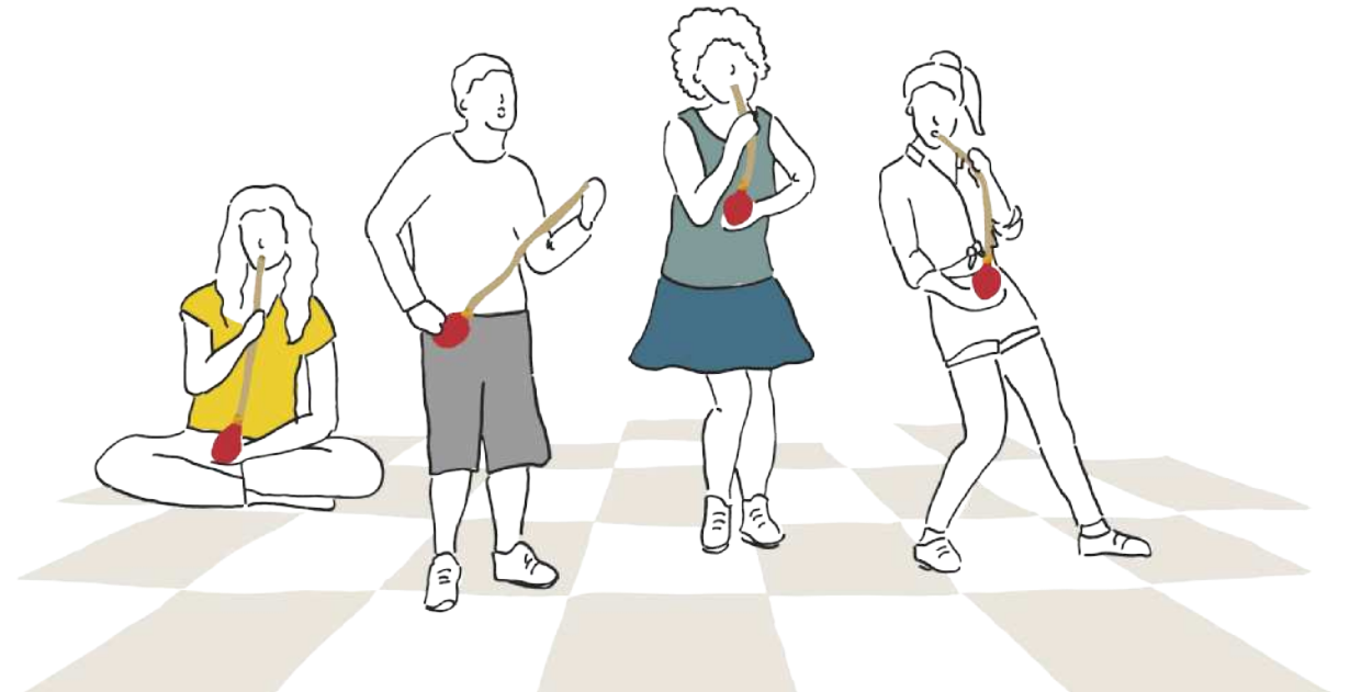 Ilustração de quatro jovens tocando flautas d'água, lado a lado, em posições diferentes.