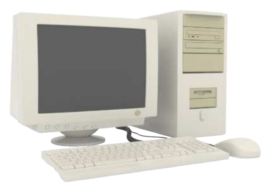 Fotografia de um computador com um monitor com forma de caixa ao lado de uma caixa retangular com a C P U, acompanhado de teclado e mouse.