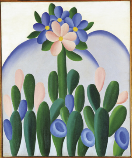 Pintura representando uma árvore com flores de azul e cor de rosa, com formas arredondadas e estilizadas, em um arranjo simétrico, com formas arredondadas ao fundo que remetem a montanhas.