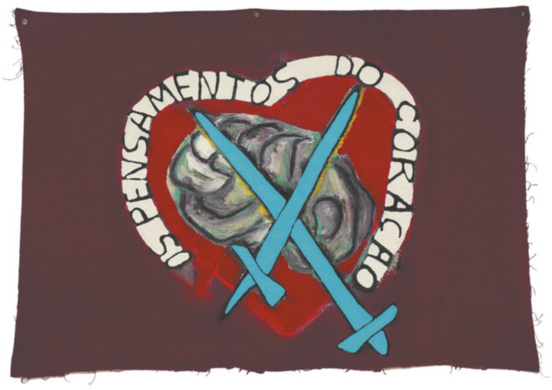 Pintura representando um coração contendo a figura de um cérebro, com duas espadas cruzadas sobre o cérebro, e a frase 'os pensamentos do coração' contornando a silhueta do coração.