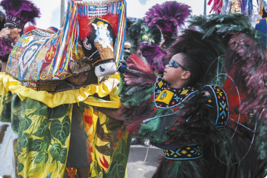 Fotografia de um menino com um traje festivo com muitas penas e plumas, decorado com grafismos geométricos coloridos. Ele está diante de uma pessoa com uma fantasia de boi, com muitos enfeites e ornamentos coloridos, como fitas e tecidos estampados.