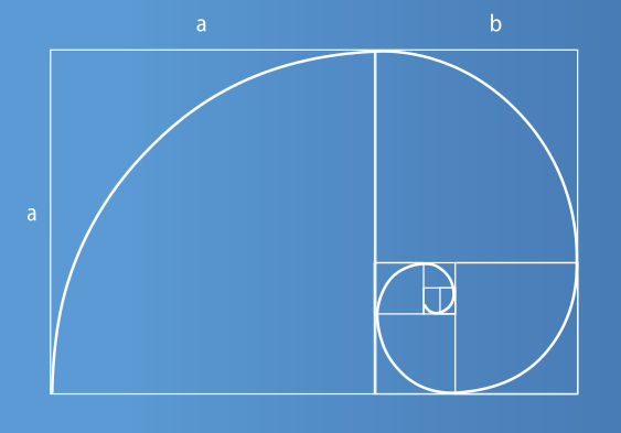 Imagem de uma espiral inscrita em um retângulo áureo, de lado menor com medida a, e lado menor com medida a mais b. A espiral é formada por arcos inscritos em quadrados e retângulos áureos sucessivamente menores que se originam a partir do primeiro retângulo áureo.
