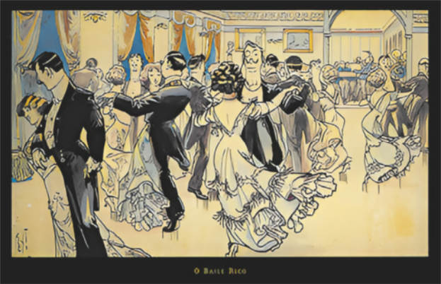 Ilustração de um baile em um salão luxuoso e amplo, em que casais dançam de mãos dadas e os corpos distantes; as mulheres usando vestidos de gala, e os homens de fraque.
