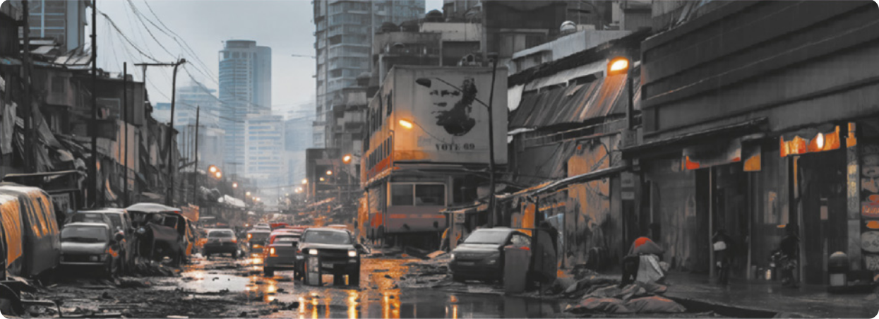 Ilustração de uma via pública em uma cidade com casas de construção precária, muito lixo e pessoas deitadas nas calçadas, além de carros estacionados e andando pela rua. Ao fundo há edifícios altos de arquitetura luxuosa.