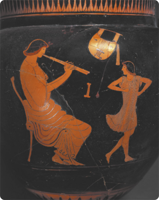 Fotografia de pintura em vaso de cerâmica com as figuras de uma pessoa de toga sentada, tocando uma flauta; e uma pessoa de vestido, dançando diante dela.