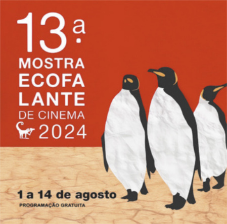 Cartaz de mostra de cinema com ilustração de pinguins caminhando em um solo árido.
