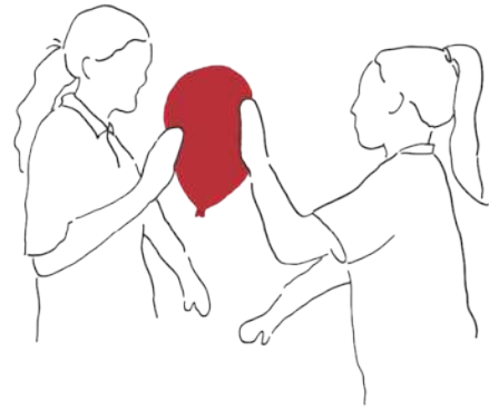 Ilustração de duas meninas frente a frente segurando uma mesma bexiga inflada à frente do corpo, uma delas com a palma da mão esquerda, e a outra com a palma da mão direita.