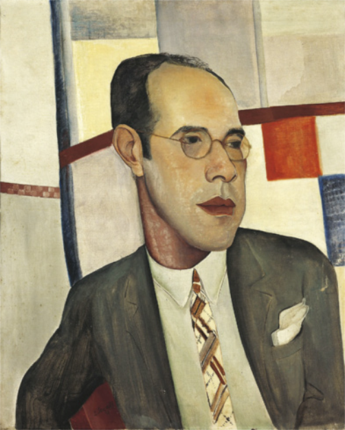 Pintura representando Mário de Andrade como um homem calvo, de óculos, vestido com terno e gravata, com um lenço no bolso do paletó. Ao fundo há formas geométricas de cores pastéis, com quadrados de cores vivas.