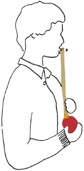 Ilustração de um garoto tocando a flauta d'água na posição vertical, com a extremidade da mangueira diante da boca, segurando a bexiga com uma das mãos e a mangueira com a outra.