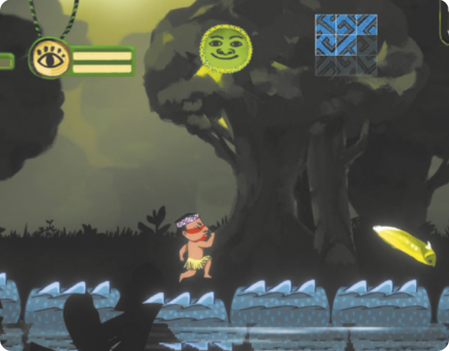 Imagem de videogame em que um personagem com trajes indígenas está saltando em um cenário com árvores ao fundo.