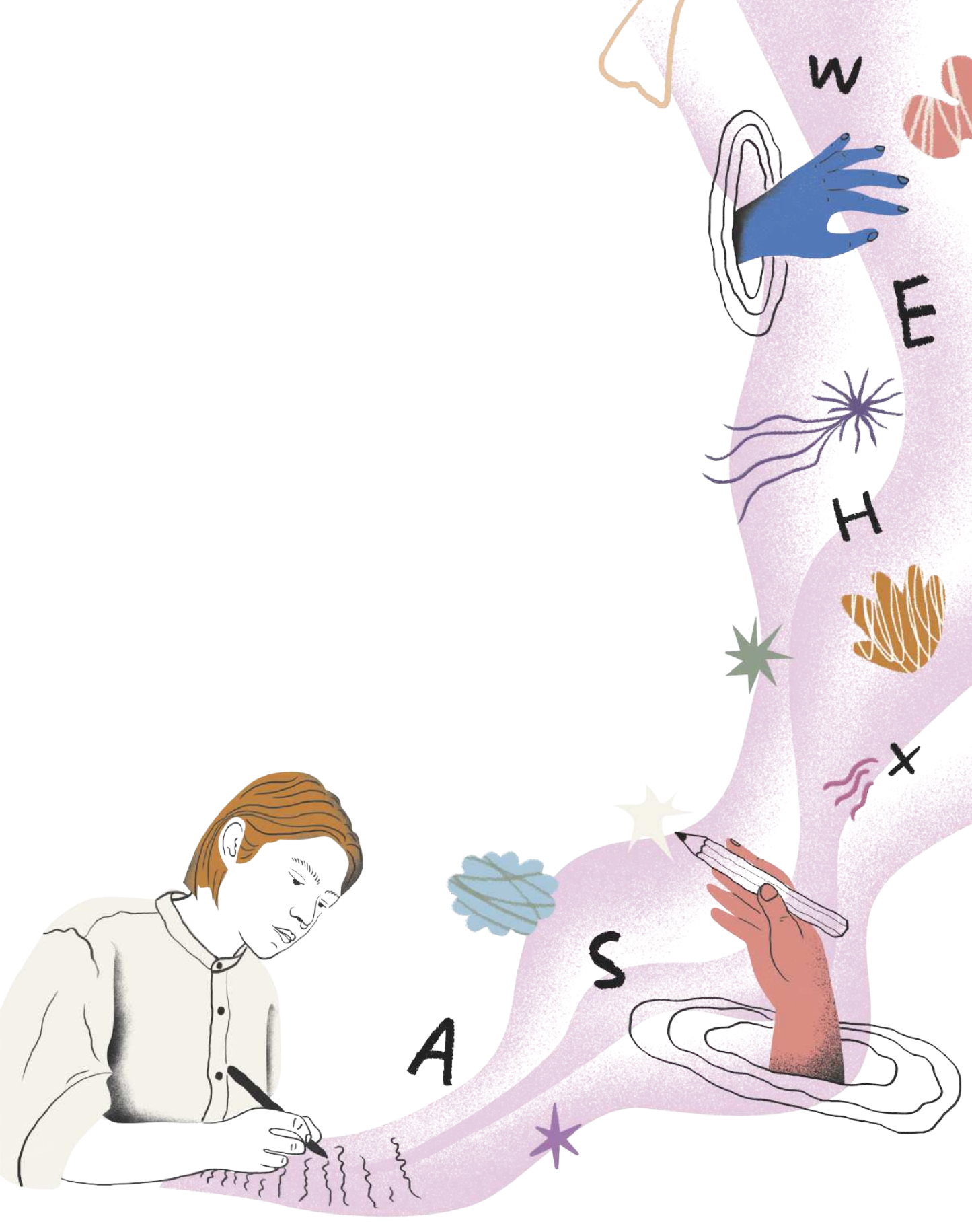 Ilustração de um jovem escrevendo em um papel de onde saem diferentes figuras: uma mão segurando um lápis, uma mão azul, uma estrela cadente, além de estrelas, nuvens, formas abstratas e letras.