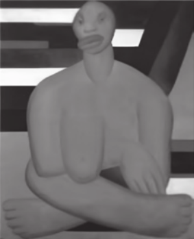 Pintura representando uma mulher negra seminua, sentada no chão com as pernas cruzadas e um dos seios à frente de um braço, que está apoiado sobre o joelho dela.
