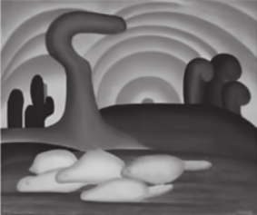 Pintura representando uma paisagem com árvores e plantas estilizadas, de formato arredondado e sem folhas, com o pôr do sol ao fundo, atrás de uma colina.