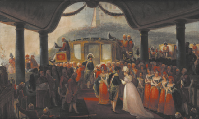 Pintura representando um grande grupo de integrantes da corte imperial do Brasil em torno de Leopoldina, que está usando um longo vestido, acompanhada por um homem com trajes de nobre. Eles estão sob um teto luxuoso sustentado sobre colunas neoclássicas, com uma carruagem ao fundo, com a porta aberta, e outras carruagens que estão chegando ao local.