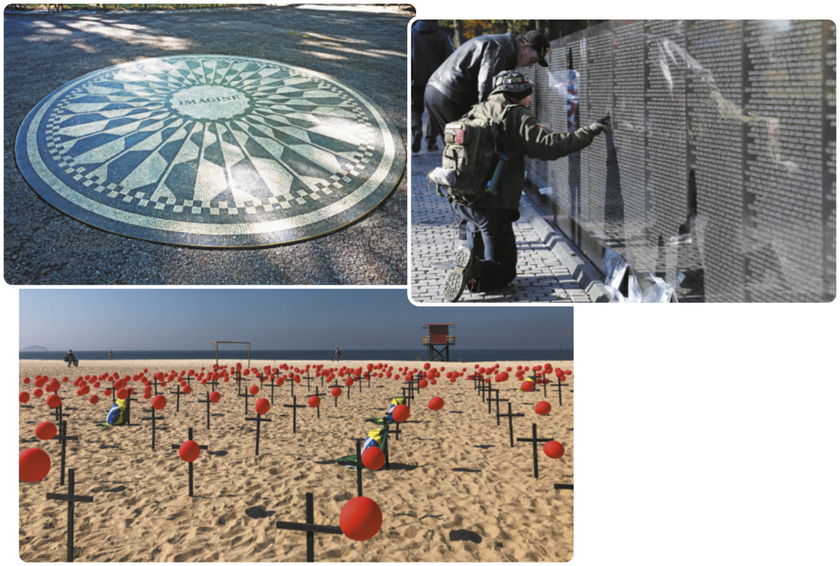 Fotografias de 3 monumentos:  À esquerda, está um monumento em forma de disco sobre um chão de asfalto, com uma espécie de mandala de grafismos geométricos em cujo centro está escrita a palavra 'imagine'; Ao centro, há um monumento com muitas cruzes fincadas na areia de uma praia, enfileiradas, com balões presos às cruzes. Algumas das cruzes têm bandeiras do Brasil amarradas a elas; À direita, a fotografia mostra um monumento em forma de painel, com uma longa lista com nomes de pessoas. Há dois homens observando a lista.