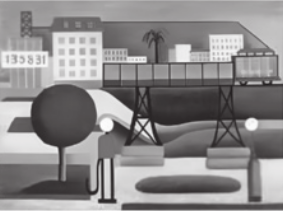 Pintura representando uma cidade de maneira estilizada e sintética, com uma praça, uma árvore com a copa circular, uma ponte com estrutura metálica e edifícios ao fundo.